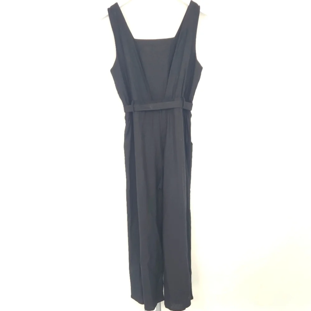 Monteau Black Linen Rayon Blend Tie-Waist V-Cutout Back Cropped Jumpsuit Size L - Picture 7 of 11